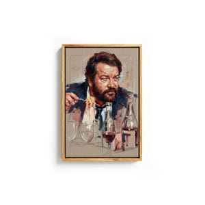 Può includere: Un'opera d'arte incorniciata raffigura un uomo che gusta spaghetti e vino. L'uomo, con la barba, indossa un abito scuro e una cravatta. Due bottiglie di vino e bicchieri sono sul tavolo. L'opera ha uno sfondo neutro e una cornice in legno.