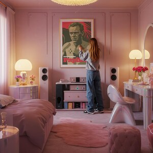 May include: A pink bedroom featuring a framed poster, a bed, and a dressing table. A person stands near the poster. There are two white speakers, a bedside table with a lamp, and a pink rug. The room is decorated in shades of pink.