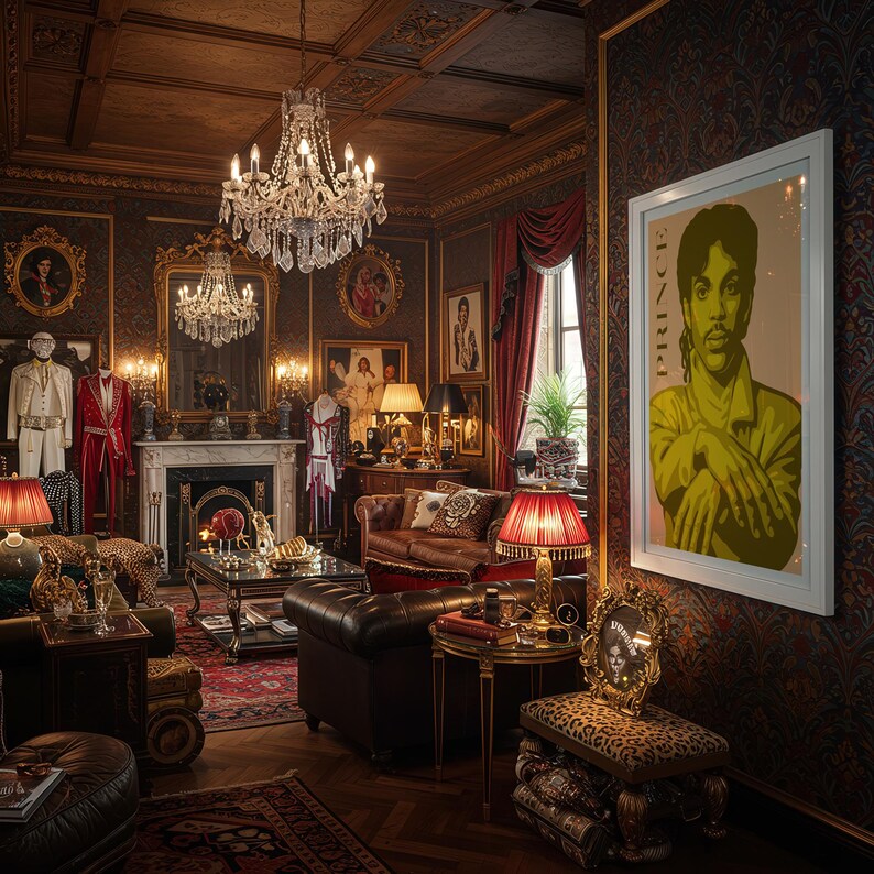 Op de afbeelding: Een weelderige kamer met een ingelijst portret van Prince, een kroonluchter en een open haard. De kamer heeft een mix van vintage meubels, waaronder een leren bank, luipaardprint accenten en sierlijke gouden lijsten. De muren zijn versierd met kunstwerken en donker behang.