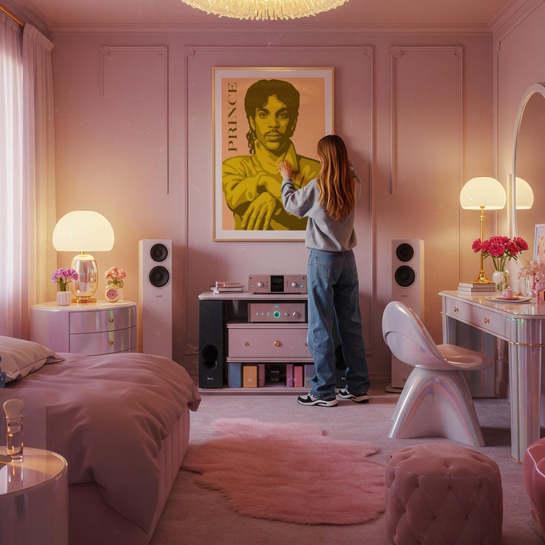 Op de afbeelding: Een roze slaapkamer met een groot ingelijst poster van Prince. De kamer heeft een bed, nachtkastjes, luidsprekers en een kaptafel. Een persoon staat voor de poster. De kamer is ingericht in roze en witte tinten.