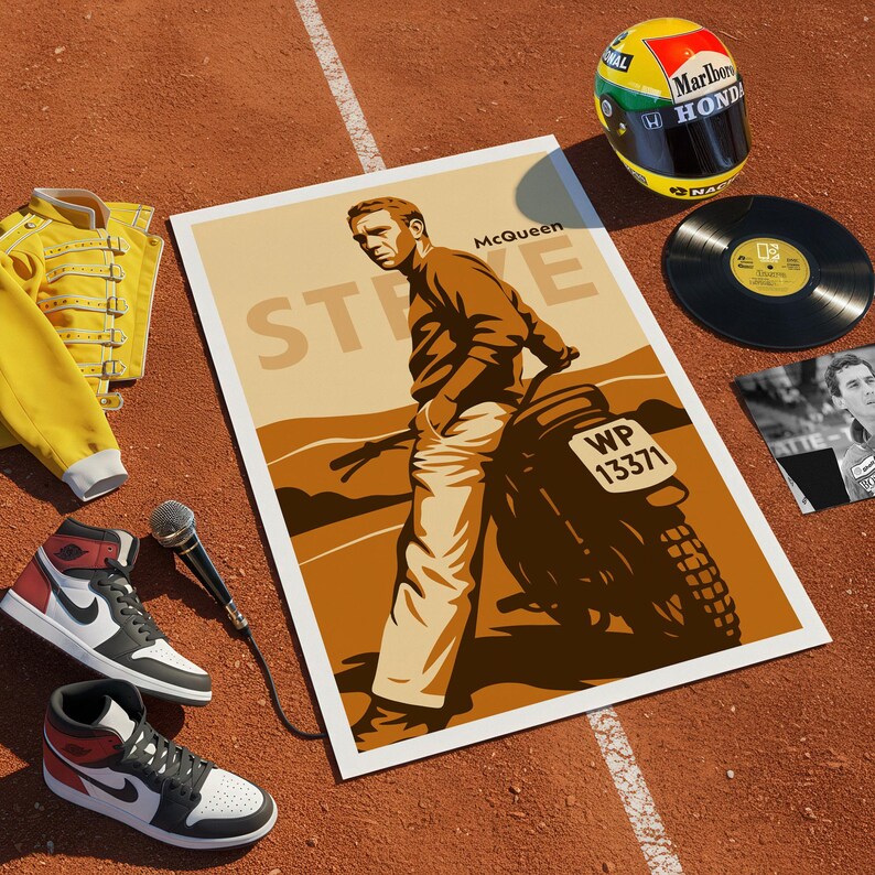 May include: An artistic arrangement featuring a poster of Steve McQueen on a motorcycle, a yellow jacket, a racing helmet, a vinyl record, a pair of sneakers, and a microphone. The poster has the name "McQueen" on it.