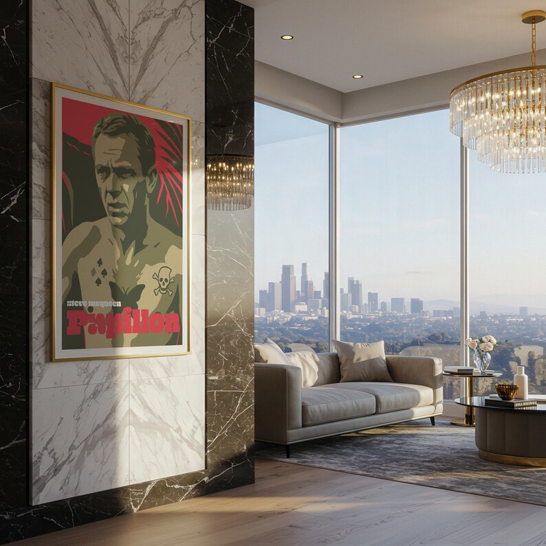 May include: A framed movie poster with a gold frame hangs on a marble wall. The poster features a man with a skull and crossbones and the word "Papillon". A modern living room with a sofa, coffee table, and city view is visible.