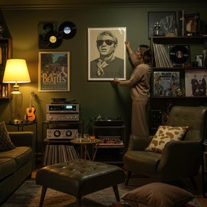 May include: A room decorated in a vintage style, featuring framed posters, vinyl records, and audio equipment. A framed poster of Steve McQueen is being hung on the wall. The room has a green color scheme with a sofa, armchair, and a lamp.