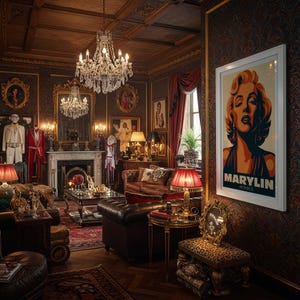 May include: An opulent room with a vintage aesthetic, featuring a large framed Marilyn Monroe print. The space includes a fireplace, chandeliers, and antique furniture, creating a luxurious atmosphere. Red and gold accents are prominent throughout the room.