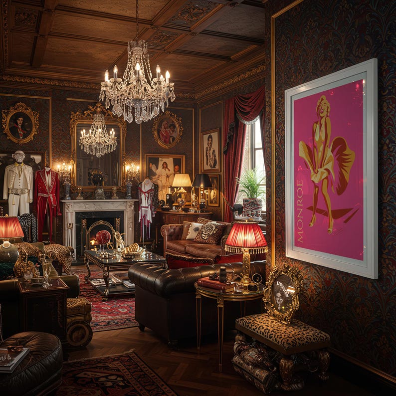 Puede incluir: Una habitaci&oacute;n opulenta con una l&aacute;mpara de ara&ntilde;a, chimenea y obras de arte. Un p&oacute;ster rosa enmarcado de Marilyn Monroe cuelga en la pared. La habitaci&oacute;n cuenta con un sof&aacute; de cuero, papel pintado estampado y varios objetos decorativos.