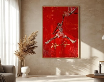Michael Jordan Canvas Art Print, Epic Slam Dunk Garage Portrait, Premium 360g Cotton Wall Decor 70x100cm (27.5x39.3in) Chicago Bulls NBA