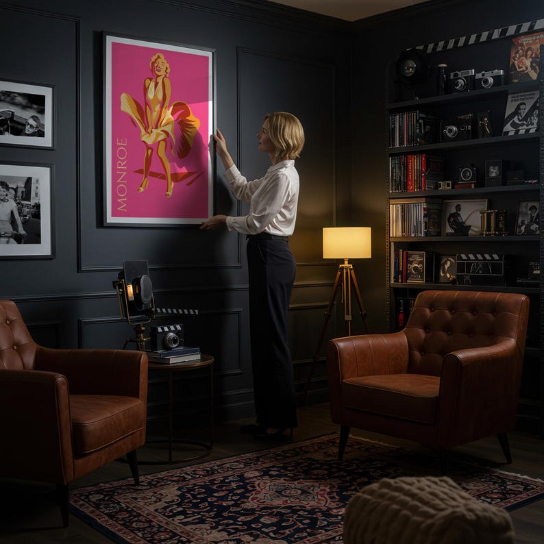 Puede incluir: Un p&oacute;ster rosa enmarcado con una ilustraci&oacute;n estilizada de Marilyn Monroe con un vestido fluido. El p&oacute;ster est&aacute; montado en una pared gris oscuro. La palabra "MONROE" est&aacute; impresa verticalmente en el lado izquierdo del p&oacute;ster. La habitaci&oacute;n tiene sillones de cuero, una alfombra y una estanter&iacute;a.