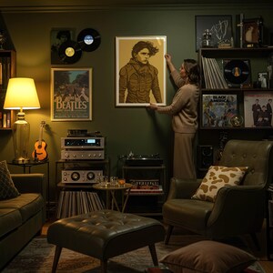 May include: A room decorated with vintage-style elements. A framed poster of a person in a brown outfit is being hung on a dark green wall. Other wall art includes vinyl records and a Beatles poster. A lamp, guitar, and stereo equipment are also visible.