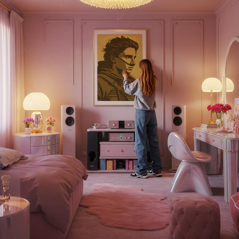 May include: A pink bedroom with a large framed portrait, a bed, and a vanity. A person is standing in front of the portrait. The room has a soft, feminine aesthetic with a fluffy pink rug and a modern white chair.