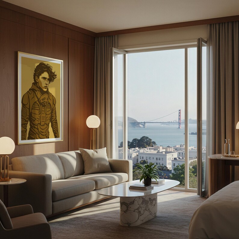 May include: A modern living room with a neutral-toned sofa, a marble coffee table, and a framed artwork on the wall. The room features large windows with a view of a bridge and city buildings. Decorative lamps and a potted plant add to the decor.