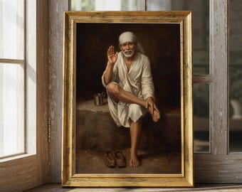 Shirdi Sai Baba Portrait A2 Print | Spiritual Wall Art | Hindu Guru Poster | Religious Home Decor | Digital Download | Oil Painting Style