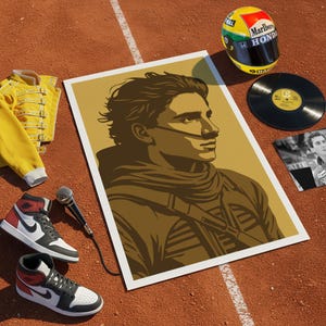 May include: An artistic poster featuring a portrait of a man in shades of brown and tan. The image is surrounded by a yellow jacket, a racing helmet, a vinyl record, a photograph, a microphone, and a pair of black and red sneakers.
