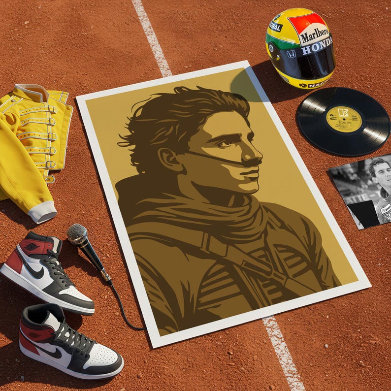 May include: An artistic poster featuring a portrait of a man in shades of brown and tan. The image is surrounded by a yellow jacket, a racing helmet, a vinyl record, a photograph, a microphone, and a pair of black and red sneakers.