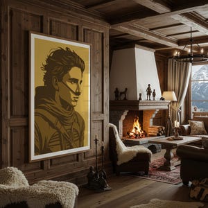 May include: A framed art print featuring a stylized portrait of a person with brown hair and a scarf. The artwork is in shades of brown and gold, mounted on a wooden wall in a cozy living room setting. The room includes a fireplace, chairs, and a chandelier.