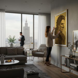 May include: A framed portrait with a gold border hangs on a gray wall. The artwork features a stylized image of a person in shades of brown and yellow. The room has a modern design with a sofa, chair, and a view of a city.