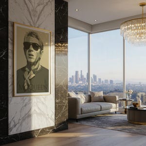 May include: A modern living room with a large window overlooking a cityscape. A framed portrait with the text "McQueen" hangs on a marble wall. The room features a sofa, coffee table, and a chandelier.