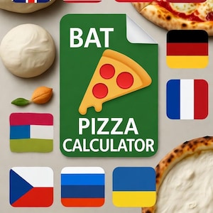 May include: A green graphic with the text "BAT PIZZA CALCULATOR" and a pizza slice illustration. The image also features various national flags, pizza dough, and a pizza.