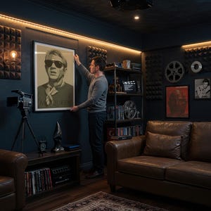 May include: A man hanging a framed poster featuring Steve McQueen in a home theater setting. The poster is black and white with the name "McQueen" at the bottom. The room has a dark blue wall, brown leather sofa, and a vintage film reel.