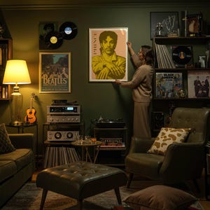 Op de afbeelding: Een kamer ingericht met kunst en apparatuur met muziekthema. Een ingelijste poster van Prince wordt aan een donkergroene muur gehangen. Andere ingelijste posters en vinylplaten worden tentoongesteld. Een gitaar, lamp en stereo-apparatuur zijn ook zichtbaar.