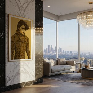 May include: A framed art print featuring a stylized illustration of a person in a futuristic outfit. The artwork is in shades of gold and brown, set against a gold background. The print hangs on a marble wall in a modern living room with a city view.