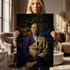 Puede incluir: Un retrato de un hombre calvo con una túnica morada y dorada. El hombre es el punto focal, sobre un fondo borroso de tonos azul oscuro y amarillo. La imagen la sostiene una persona.