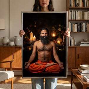 May include: A framed print featuring a man with a long beard in a meditative pose, wearing orange pants. The background includes lit candles and floral arrangements, creating a serene atmosphere. The print is held by a person.