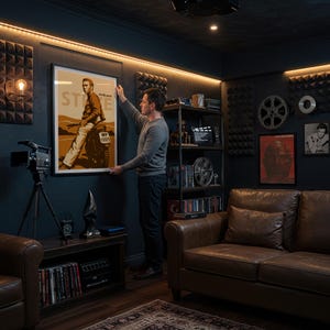 May include: A framed poster featuring Steve McQueen on a motorcycle, with the text "McQueen" and "STEE". The poster is being hung on a dark blue wall in a room with a brown leather sofa, bookshelves, and film-related decor.