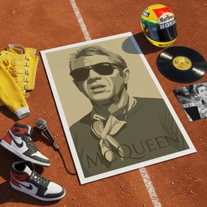 May include: An assortment of memorabilia including a poster with the name "McQueen", a yellow jacket, a racing helmet, a vinyl record, a pair of sneakers, and a microphone. The poster features a portrait of a man wearing sunglasses.