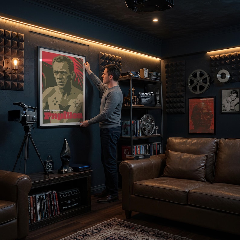 May include: A framed poster with the word "Rebellion" in red, featuring a man with a skull tattoo. The poster is being hung on a dark blue wall. The room has a leather sofa, bookshelves, and film reels, creating a home cinema atmosphere.