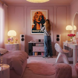 May include: A pink bedroom with a large poster of Marilyn Monroe. The room features a bed, a vanity, and a stereo system. A person is standing in front of the poster. The room is decorated in shades of pink and white.