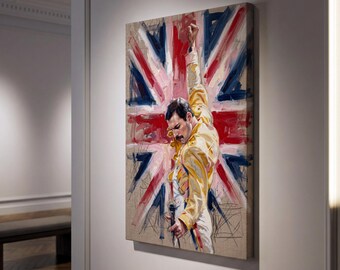 Freddie Mercury Canvas Wall Art, Yellow Jacket Union Jack Oil Painting, Rock Legend Portrait, Numbered Edition of 29, Music Room Decor