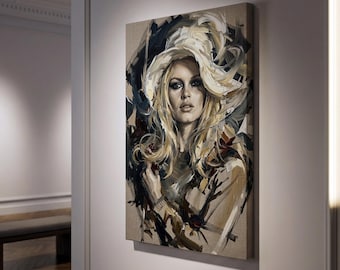 Brigitte Bardot poster op canvas, cadeauprint, portret van een icoon uit de Franse filmwereld, muurdecoratie, 60x90 cm, gelimiteerde oplage van 25 exemplaren, premium katoenen canvas 360 g