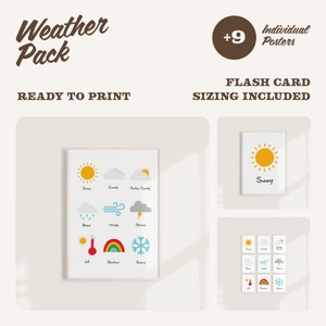 Conjunto de carteles meteorológicos y tarjetas flash, impresiones de aprendizaje en el hogar, imprimibles, decoración neutral del aula Montessori, sala de juegos, archivos digitales
