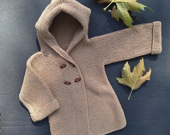 Cárdigan con capucha para bebé tejido a mano, suéter infantil acogedor, algodón orgánico, recién nacido a 6 meses, recién nacidos ingeniosos