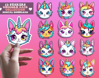 Unicorn Cats 13 pegatinas PNG, pegatina de gato, pegatinas imprimibles, diseños de pegatinas, pegatinas Png, descargas de pegatinas, pegatina Cricut
