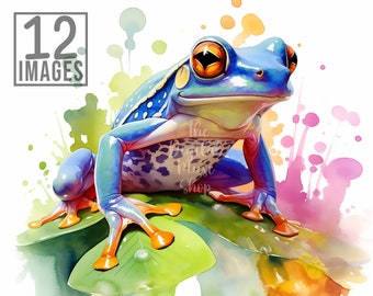 Colorful Frog Clipart, 12 High Quality JPG, Commercial Use, Card Making, Mixed Media, Digital Paper Craft, Watercolor Frog Clipart