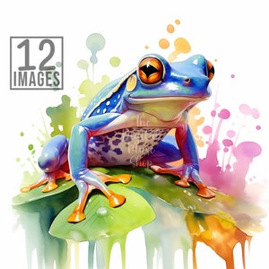 Colorful Frog Clipart, 12 High Quality JPG, Commercial Use, Card Making, Mixed Media, Digital Paper Craft, Watercolor Frog Clipart