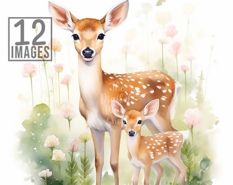 Watercolor Mother And Baby Fawn Clipart, 12 High Quality JPGs, Watercolor Clipart, Scrapbook, Fawn Clipart, Baby Fawn, Deer Clipart