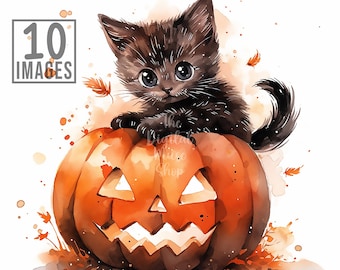Halloween Kitten Clipart, 12 High Quality JPGs, Watercolor Clipart, Halloween Pumpkin Clipart, Halloween Clip Art, Black Cat Clipart