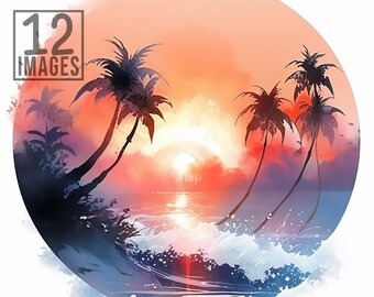 Sunset Beach Clipart Watercolor Beach Scene Clip Art Hawaii Clipart Summer Watercolor Palm Clipart Digital Download Digital Crafting 12 JPGs