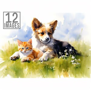 Kitten and Puppy Clipart, 12 High Quality JPGs , Watercolor Clipart , Digital Download, Card Making , Puppy Clipart, Kitten Clipart