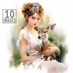 Rehkitz Clipart Mädchen Clipart Wald Aquarell 10 hochwertige JPGs Natur Clipart Scrapbook Aquarell Rehkitz Illustration Hirsch Clipart Bundle
