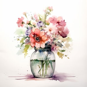 Op de afbeelding: Een aquarel van een boeket roze, rode en paarse bloemen in een glazen pot. De bloemen zijn in een losse, natuurlijke stijl gerangschikt en de pot staat op een witte achtergrond.