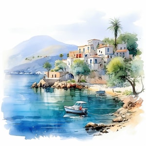 May include: A watercolor painting of a small village nestled on a hillside overlooking a calm blue bay. Whitewashed buildings with red tile roofs line the shore, with a small boat anchored in the water. Lush green trees and palm trees add to the idyllic scene.