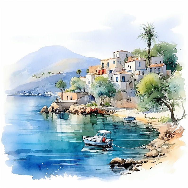 May include: A watercolor painting of a small village nestled on a hillside overlooking a calm blue bay. Whitewashed buildings with red tile roofs line the shore, with a small boat anchored in the water. Lush green trees and palm trees add to the idyllic scene.