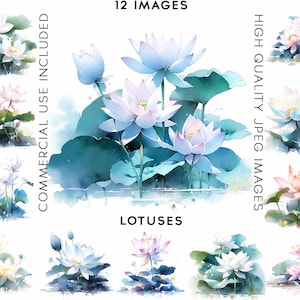 Lotus Flower Clipart, 12 High Quality JPGs , Watercolor Clipart, Flowers Clipart Set, Flowers Clip art, Lotus Clipart, Lotus Flower Svg