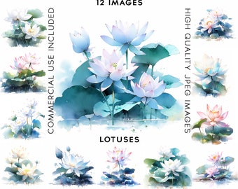 Lotus Flower Clipart, 12 High Quality JPGs , Watercolor Clipart, Flowers Clipart Set, Flowers Clip art, Lotus Clipart, Lotus Flower Svg