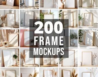 May include: A collage of 200 frame mockups featuring various styles and sizes of frames, showcasing different interior design elements like plants, vases, and books. The frames are displayed against a variety of backgrounds, including wood, white walls, and textured surfaces.