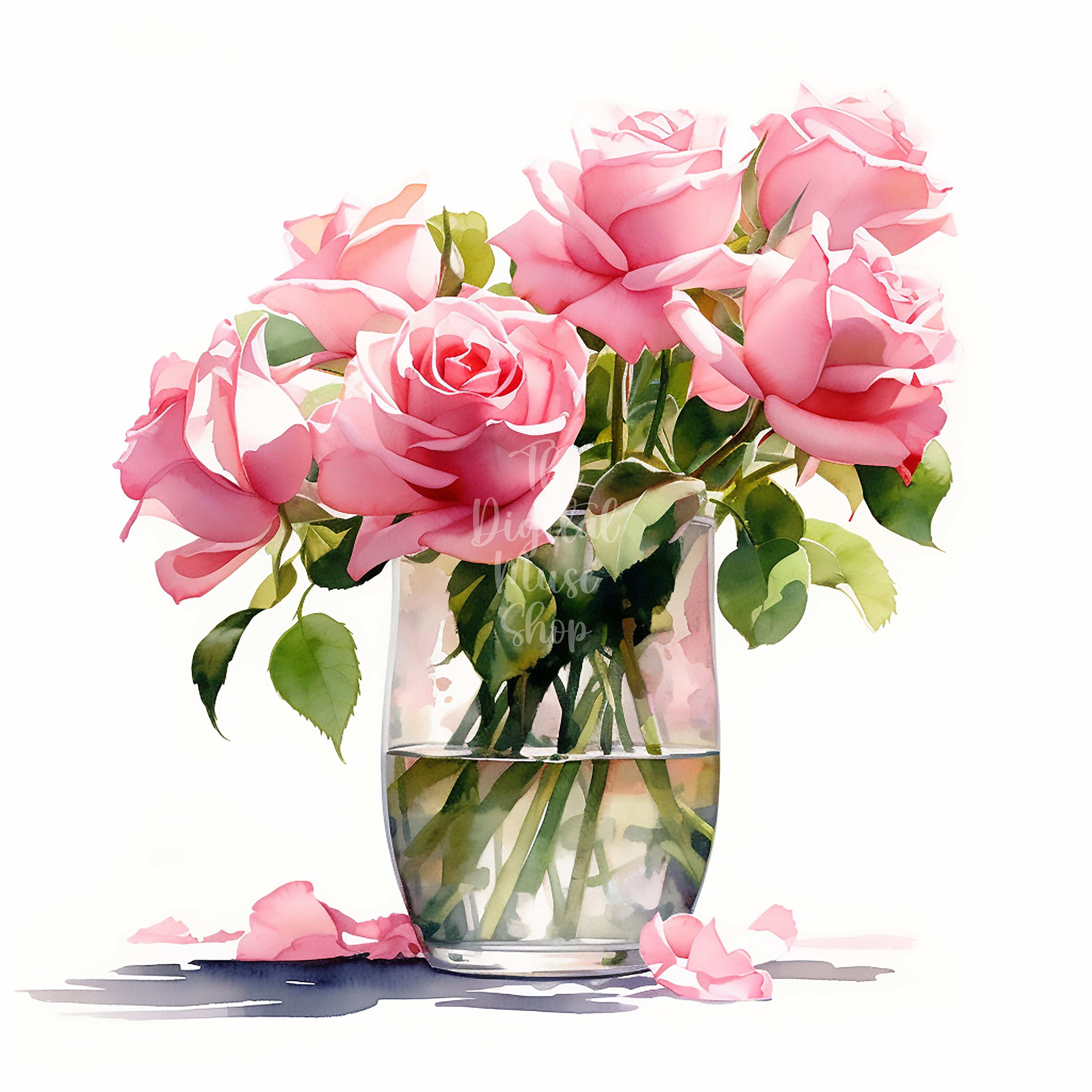 Vase of Pink Roses Clipart Watercolor Flowers Clipart Commercial Use ...