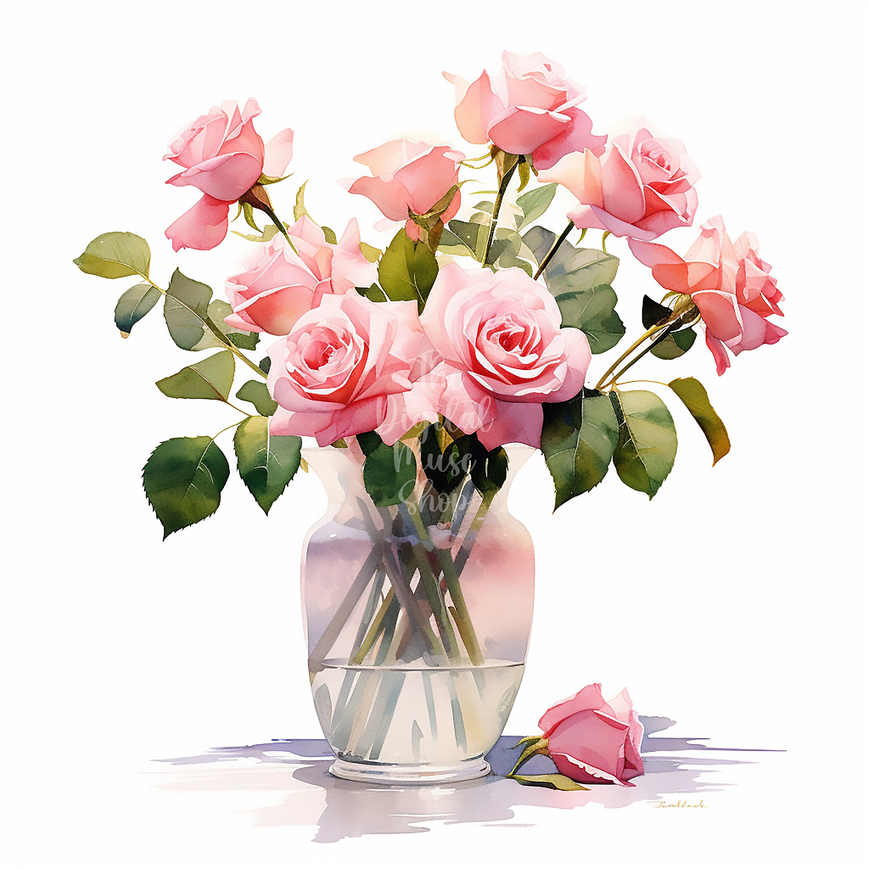 Vase of Pink Roses Clipart Watercolor Flowers Clipart Commercial Use ...